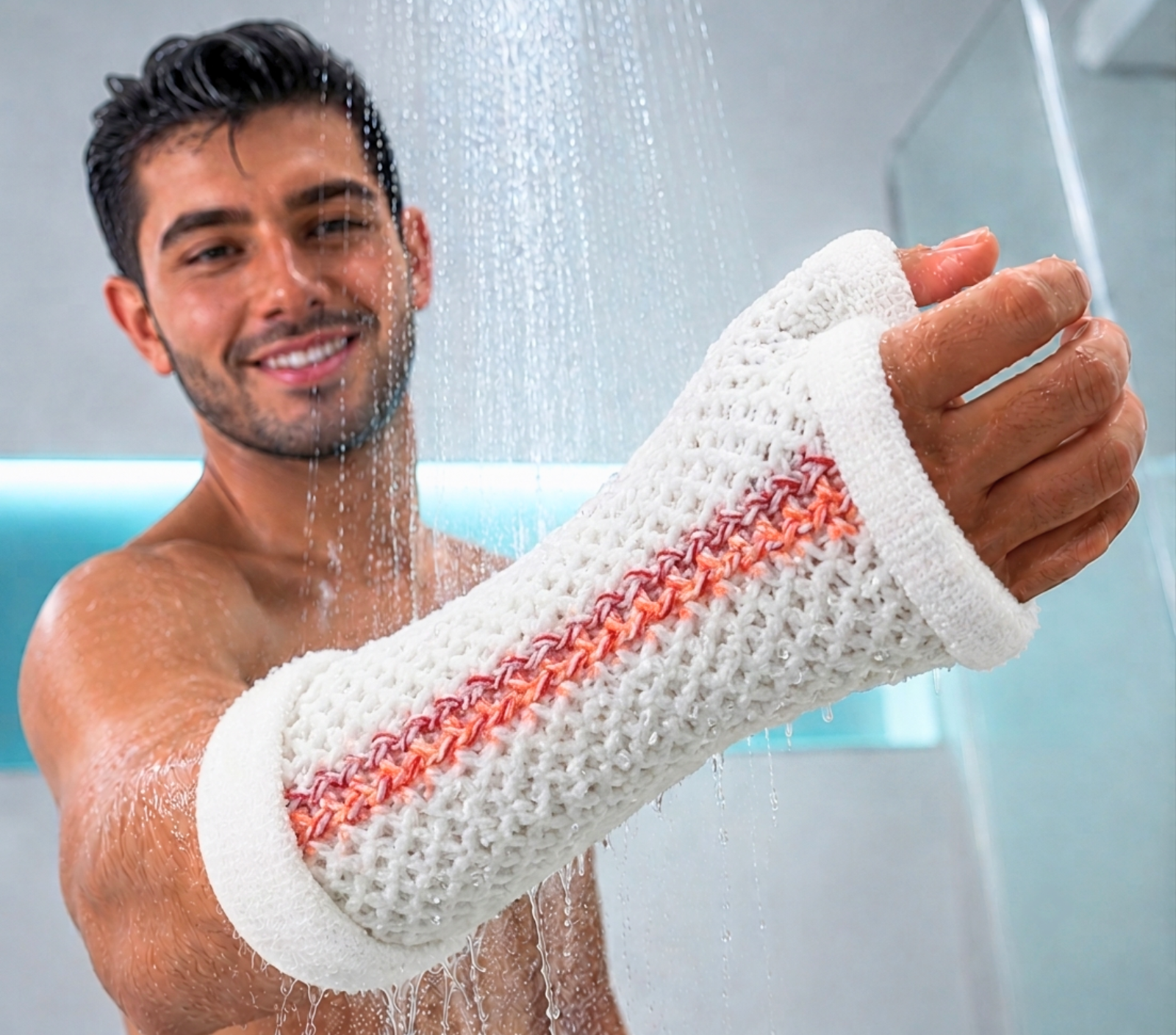 Paciente duchándose con inmovilizador CastOr impermeable en el brazo
